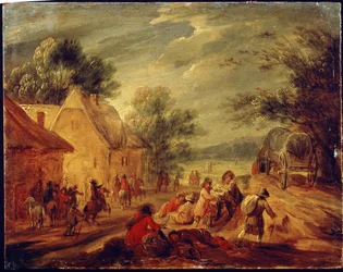 Ryttere angriber en landsby. Maleri af Adam Frans van der Meulen (1632-1690). Olie på træ. flamsk kunst, barokstil. Pushkin Museum of Fine Arts, Moskva.