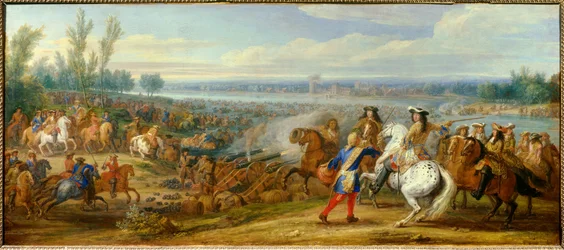 Holland War: "" passagen af Rhinen den 12/06/1672"" Hærene af kong Louis XIV (1638-1715) og Louis II af Bourbon, Prince of Conde (Bourbon-Conde) (Grand Conde) (1621- 1686) passerer Rhinen til Tolhuis. Maleri af Adam Frans van der Meulen (1632-1690)