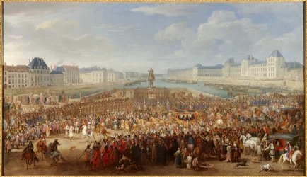 Kong Ludvig 14. (1638-1715) krydser Pont Neuf i sin karet