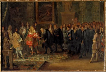 Kong Ludvig XIV modtager schweiziske ambassadører ved Louvre 11/11/1663 Maleri af Adam Van der Meulen (1632-1690) 1664 Søn. 0,44x0,66 m
