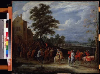 Kavaleriregiment, der passerer over et område (Kavaleriregimentet tager feltet). Maleri af Adam Frans van der Meulen (1632-1690). Olie på lærred, 65 x 78,5 cm, flamsk kunst, barokkunst. Far Eastern Museum, Khabarovsk. ©FineArtImage/Leemage