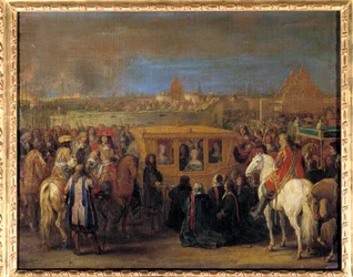 Højtidelig indrejse af kong Ludvig XIV (1638-1715) og dronning Marie-Therese af Østrig til Douai den 23/08/1667 (dronningen i sin vogn modtager hyldest af byens dinginer som deres suzerain) Maleri af Adam Frans Van der Meulen (1632-1690). Omkring 1667