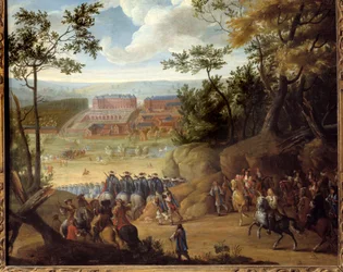 Udsigt over Versailles i 1664 med kongen af Frankrig Ludvig XIV (1638-1715) og et kompagni af musketerer. Maleri af Adams Frans Van der Meulen (1632-1690)