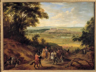Udsigt over slottet i Versailles, taget fra højderne af Satory, Ludvig XIV (1638-1715), der gav sine ordrer til jagtofficeren med henblik på slottet i Versailles, på Satorys højder. Maleri af Adam Frans van der Meulen (1632-1690). 1664 S