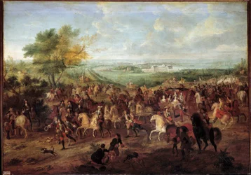 Gå i vogn af kong Louis XIV (1638-1715), dronning Marie Therese af Østrig, Dauphin Louis og Dauphine foran slottet Clagny i Versailles Maleri af Adam van der Meulen (1632-1690) Omkring 1680 Søn. 1,4x1,9