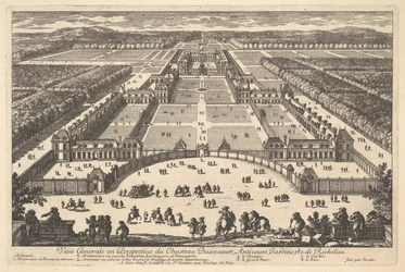 Generelt syn i perspektiv af Château Bassecourt, Anticours, Gardens, &c. af Ric..., 1600-tallet.