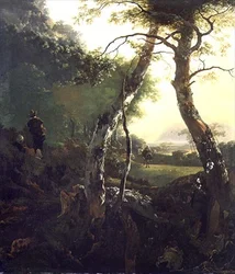 Et italiensk skovlandskab med figurer og kvæg (olie på panel)