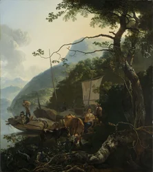 Bådfolk fortøjet ved bredden af en italiensk sø, 1650-70