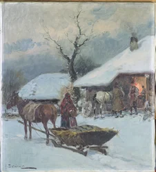 Slæder foran et hus, 1930