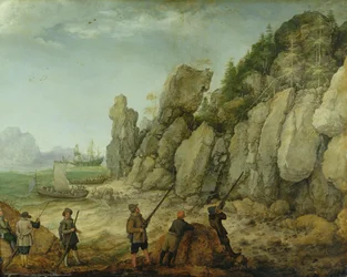 Detalje af jagt på vilde geder ved kysten, 1620