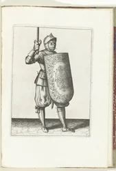 Mål- og raperøvelsen: Soldaten holder den tegnede griber ikke højere end sit ansigt (nr. 5), 1618 Nassausche Wapen-Handelinge, van Schilt, Spies, Rappier and the Targe: beyde figuerlick afbildet, og indrammet efter den nye orden [af]