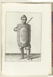 Boret med skive og griber: soldaten holder skiven foran brystet og den trukne griber mod venstre skulder (nr. 6), 1618 Nassausche Wapen-Handelinge, van Schilt, Spies, Rappier and the Targe: beyde figuerlick afbildet, ende indrammet efter