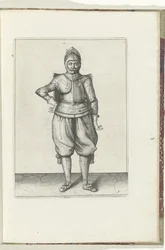 Boret med skiven og griberen: soldaten i hvile med skiven på ryggen (nr. 1), 1618 Nassausche Wapen-Handelinge, van Schilt, Spies, Rappier and the Targe: beyde figuerlick afbildet, og indrammet efter den nye orden [af] (...) Maurits van Nassa