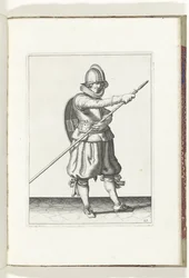 Skjold- og piggeøvelsen: Soldaten bringer piggen tilbage i position med to hænder (nr. 29), 1618 Nassausche Wapen-Handelinge, van Schilt, Spies, Rappier and the Targe: beyde figuerlick afbildet, og det indrammede efter den nye orden [af] (...) Ma