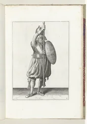 Øvelsen med skjold og spyd: soldaten bringer spydet tilbage til hvilestilling i tre gange, anden sats (nr. 11), 1618 Nassausche Wapen-Handelinge, van Schilt, Spies, Rappier and the Targe: beyde figuerlick afbildet, og indrammet efter