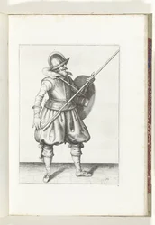 Øvelsen med skjold og spyd: soldaten bringer spydet tilbage til hvilestilling i tre gange, første sats (nr. 10), 1618 Nassausche Wapen-Handelinge, van Schilt, Spies, Rappier and the Targe: beyde figuerlick afbildet, og indrammet efter