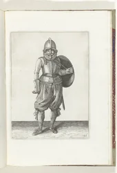 Skjold- og piggeøvelsen: Soldaten returnerer skjoldet til ryggen med sin venstre arm (nr. 26), 1618 De Nassausche Wapen-Handelinge, van Schilt, Spies, Rappier and the Targe: beyde figuerlick afbildet, ende indrammet efter den nye orden [af] (..