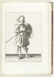 Skjold- og spidsøvelsen: Soldaten holder spids og skjold tæt på kroppen (nr. 15), 1618 Nassausche Wapen-Handelinge, van Schilt, Spies, Rappier and the Targe: beyde figuerlick afbildet, og indrammet efter den nye orden [af] (...) Maurit