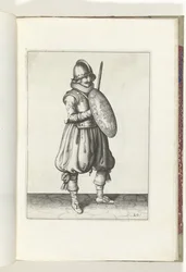 Skjold- og piggeøvelsen: Soldaten på opmærksomhed med sin griber og skjold foran kisten (nr. 20), 1618 De Nassausche Wapen-Handelinge, van Schilt, Spies, Rappier and the Targe: beyde figuerlick afbildet, ende indrammet efter den nye orden [af] (.