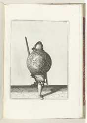 Skjold- og piggeøvelsen: Soldaten i forsvarsposition med den ene fod foran og hans griber og skjold på knæet foran kroppen, set forfra (nr. 22), 1618 The Nassausche Weapons Act, af Schilt, Spies, Rappier og Targ