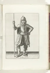 Skjold- og spidsøvelsen: Soldaten i hvile, spids i hånden og skjold på ryggen (nr. 1), 1618 The Nassausche Wapen-Handelinge, van Schilt, Spies, Rappier and the Targe: beyde figuerlick afbildet, ende indrammet efter den nye orden [af] (