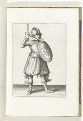 Skjold- og piggeøvelsen: Soldaten præsenterer sin rapier med hånden ikke højere end sit ansigt (nr. 19), 1618 Nassausche Wapen-Handelinge, van Schilt, Spies, Rappier and the Targe: beyde figuerlick afbildet, og indrammet efter den nye orden