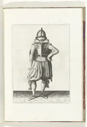 Skjold- og piggeøvelsen: Soldaten stående i ro med skjoldet på ryggen (nr. 27), 1618 Nassausche Wapen-Handelinge, van Schilt, Spies, Rappier and the Targe: beyde figuerlick afbildet, og det indrammede efter den nye orden [af] (...) Maurits v.