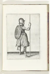 Skjold- og piggeøvelsen: Soldaten stående med piggen hvilende på jorden ved siden af ​​højre fod (nr. 30), 1618 Nassausche Wapen-Handelinge, van Schilt, Spies, Rappier and the Targe: beyde figuerlick afbildet, og indrammet efter den nye orden