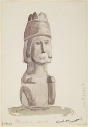 2 fod høj stenstatue af et menneskehoved fra Chicualoque, nær Papantla (akvarel)