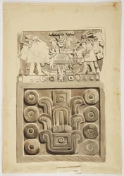 Et stenrelief fra Mexico City, der øverst viser to figurer af krigere, der vender mod et centralt dekoreret 