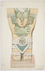 Caryatid III, ydre kammer, Jaguarernes Øvre Tempel (Tempel A), Chichen Itza, Mexico (akvarel)