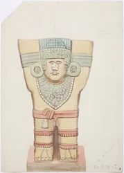 Caryatid I, ydre kammer, Jaguarernes Øvre Tempel (Tempel A), Chichen Itza, Mexico (akvarel)