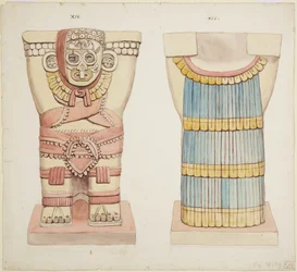 Caryatid XIV fra det ydre kammer, Jaguarernes Øvre Tempel (Tempel A), Store Boldbane, Chichen Itza, Mexico (akvarel)