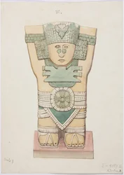 Akvarelkopi af stuccofacaden på templet på pyramiden ved Acanceh Fuld skala To rækker figurer inden for en trinformet ramme Figur 1-5 (akvarel)