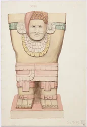 Karyatid fra det ydre kammer, Temple A, boldbanetempel, Chichen Itza, Mexico (akvarel)