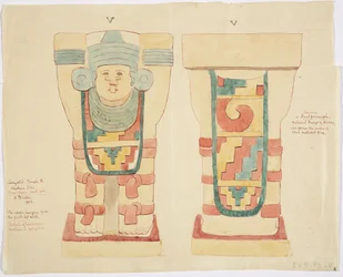 Karyatid fra det ydre kammer, Jaguarernes Øvre Tempel (Tempel A), boldbane, Chichen Itza (akvarel)