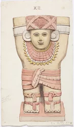 Karyatid fra det ydre kammer, tempel A, boldbane, Chichen Itza, Mexico (akvarel)