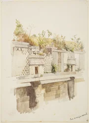 Casa de Monjas, Uxmal, Mexico Maleri af ruinernes øverste etage (akvarel)