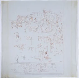 Kopi af et komplet vægmaleri fra vestvæggen, Jaguarernes øvre tempel, Chichen Itza, Mexico Indre kammer på vestvæggen Tegnet med rødt blæk (rød & sort blæk & grafit)
