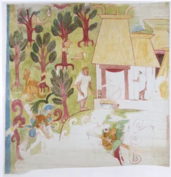 Kopi af en del af et vægmaleri fra det sydlige endepanel, østvæggen, indre kammer, Jaguarernes øvre tempel, Great Ball Court, Chichen Itza,    (akvarel og kropsfarve)