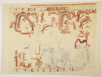 Design fra en gryde Belize (tidligere Britisk Honduras) Design omfatter menneskelige figurer og fjerbeklædte slanger (akvarel)