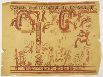 Design fra en gryde Belize (tidligere Britisk Honduras) Design omfatter menneskelige figurer og fjerbeklædte slanger (akvarel)
