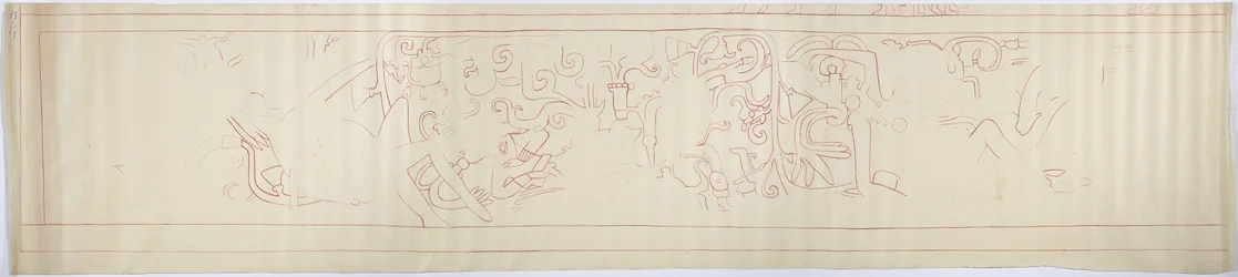 Kontursporing af et vægmaleri fra vestvæggen, Jaguarernes øvre tempel, Chichen Itza, Mexico (rødt blæk &   grafit)
