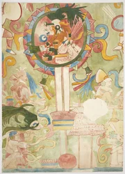 Maleri, der afbilder en del af det sydlige panel af vestvæggen, Jaguarernes øvre tempel, Chichen Itza, Mexico (akvarel, kropsfarve, grafit)