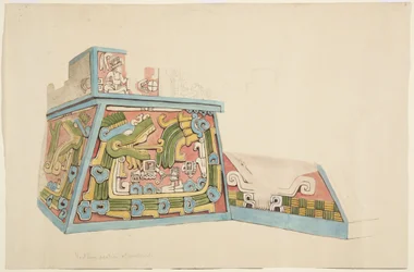 Maleri af et stenrelief fra Xochicalco, Mexico Nordende af vestsiden af nedre terrasse Akvarel (akvarel)