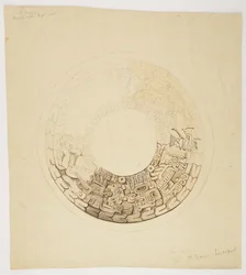 Grydedæksel fra Belize (tidligere Britisk Honduras) Cirkulært design, hvoraf en del mangler, viser et design med figurer af mænd, glyffer osv. (akvarel)