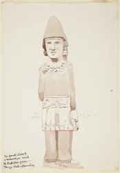 Statue fra Teayo, det nordlige Veracruz, Mexico Viser stenstatue med mandsfigur iført kilt (akvarel)
