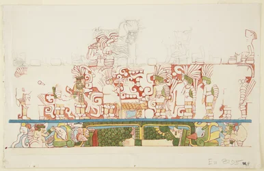 Stenrelief fra midten af nordmuren, nordbygning C, boldbane, Chichen Itza, Mexico (akvarel)