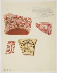 Tre fragmenter af rødt keramik med designs, inklusive en løbende dragelignende figur i hvid, og et fragment af brun keramik med design i brunt (akvarel)