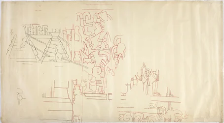 Sporing af et vægmaleri fra Casa de Monjas, Chichen Itza, Mexico Tegnet og sværtet med sort og rød blæk (rød & sort blæk & grafit)